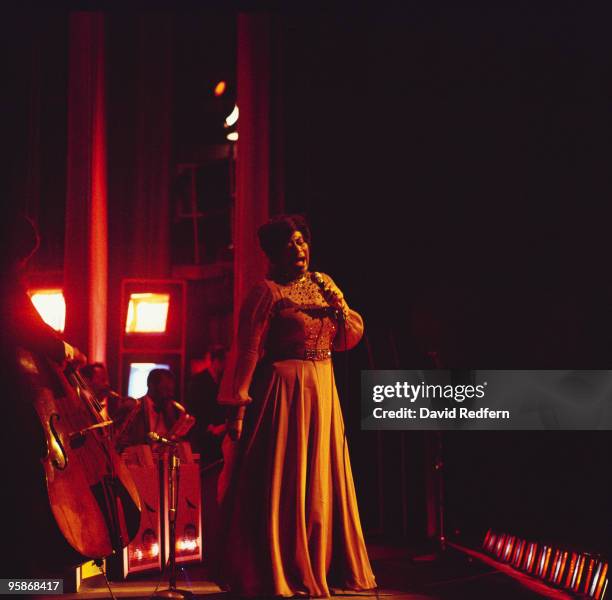 American jazz singer Ella Fitzgerald performs live on stage during a concert performance circa 1975.