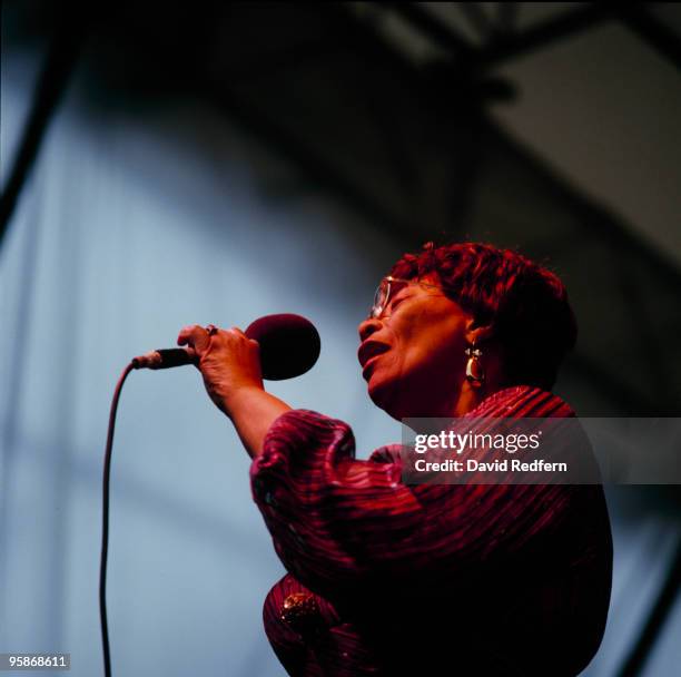 American jazz singer Ella Fitzgerald performs live on stage at the Capital Jazz Festival held at Knebworth Park in England on 25th July 1981.