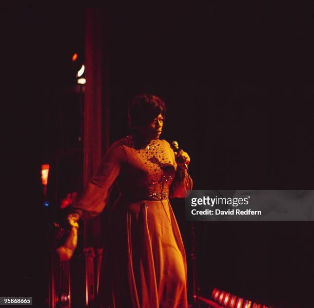 American jazz singer Ella Fitzgerald performs live on stage during a concert performance circa 1975.