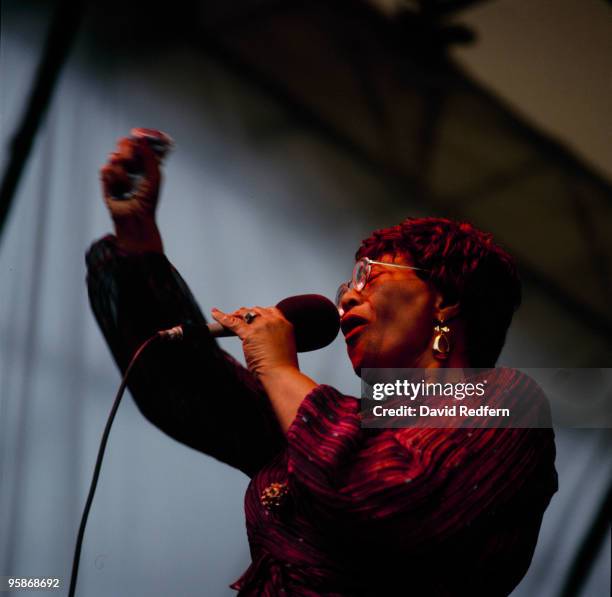 American jazz singer Ella Fitzgerald performs live on stage at the Capital Jazz Festival held at Knebworth Park in England on 25th July 1981.