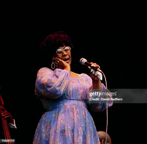 American jazz singer Ella Fitzgerald performs live on stage as part of the Newport Jazz Festival at Ayresome Park football stadium in Middlesbrough,...