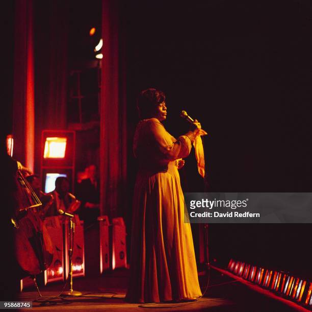 American jazz singer Ella Fitzgerald performs live on stage during a concert performance circa 1975.