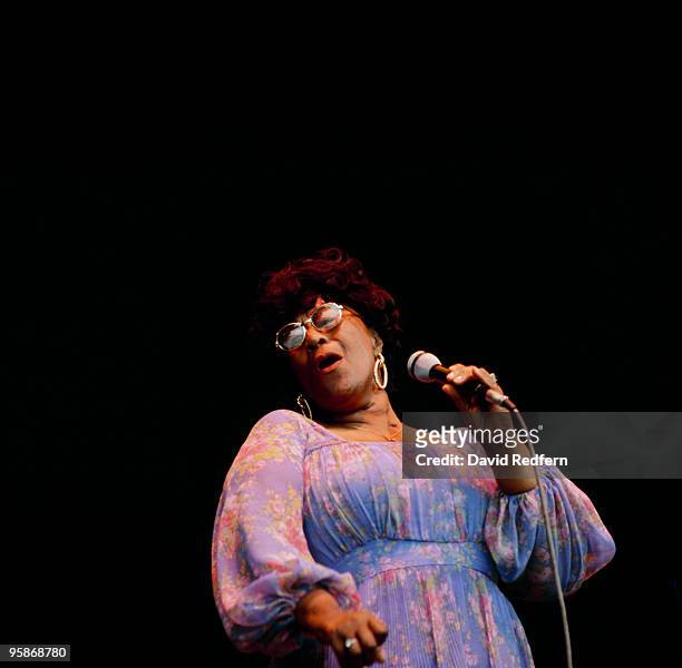 American jazz singer Ella Fitzgerald performs live on stage as part of the Newport Jazz Festival at Ayresome Park football stadium in Middlesbrough,...