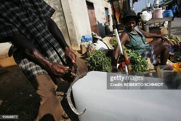 Ramon Valdies , an ice salesman, pulls on a block of ice at his street side vending spot as Remon Tichoux tends to her own vegetable selling spot in...