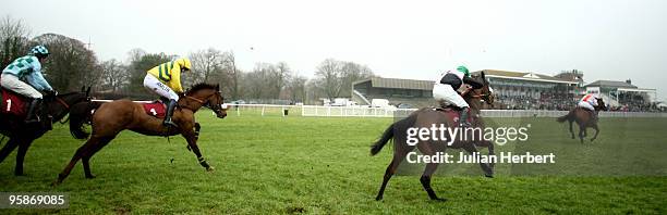 Mark Grant and Rince Donn pull away from the last fence to go on and win The Saga Home Insurance Novices' Steeple Chase Race run at Folkestone...