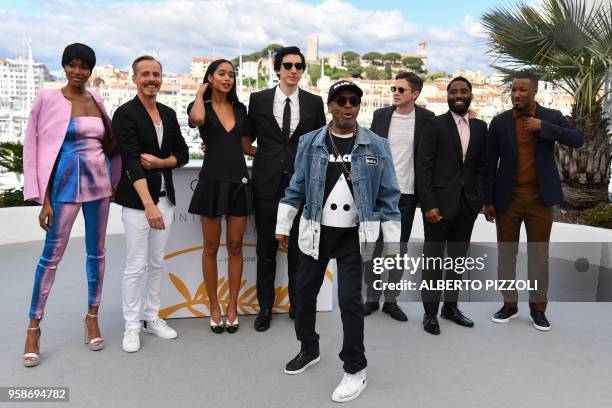 Director Spike Lee poses on May 15, 2018 with US actress Damaris Lewis, Finnish actor Jasper Paakkonen, US actress Laura Harrier, US actor Adam...