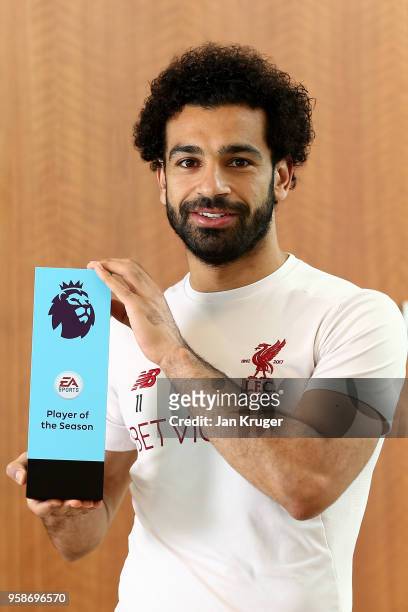 Mo Salah is Presented With the Premier League Player of the Season Award at Melwood Training Ground on May 11, 2018 in Liverpool, England.