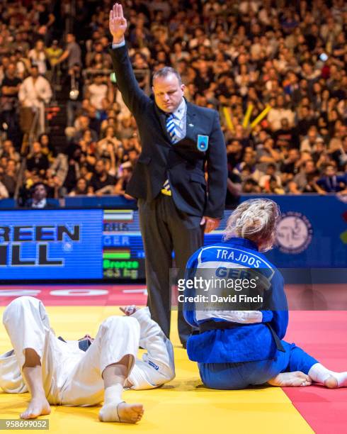 Martyna Trajdos of Germany held Ekaterina Valkova of Russia for an ippon to win the u63kg bronze medal during day two of the 2018 Tel Aviv European...