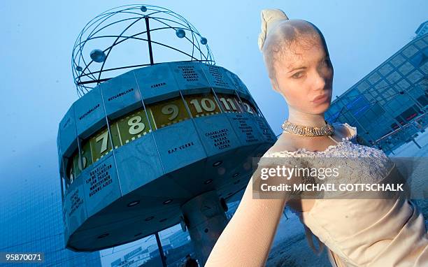 Model Franziska presents an outfit of the collection called "Generation DNA" by Berlin-based fashion designer Torsten Amft on January 19, 2010 in...