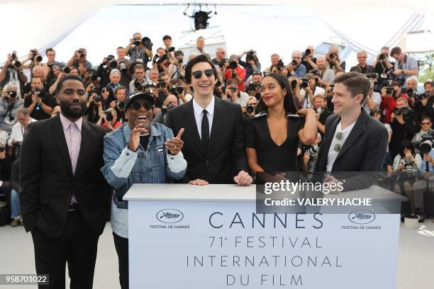 Actor John David Washington, US director Spike Lee, US actor Adam Driver, US actress Laura Harrier and US actor Topher Grace pose on May 15, 2018...