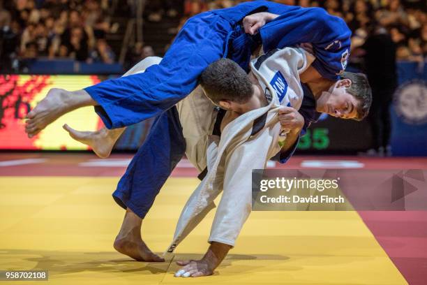 Tommy Macias of Sweden throws Arsen Ghazaryan of Armenia for an ippon to win the u73kg bronze medal during day two of the 2018 Tel Aviv European Judo...