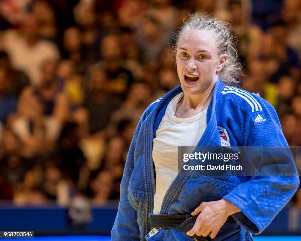 Gemma Howell of Great Britain defeated Maria Bernabeu of Spain by an ippon to win the u70kg bronze medal during day two of the 2018 Tel Aviv European...