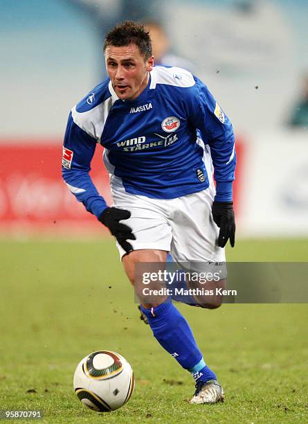 Marcel Schied of Rostock runs with the ball during the Second Bundesliga match between FC Hansa Rostock and DSC Arminia Bielefeld at the DKB Arena on...