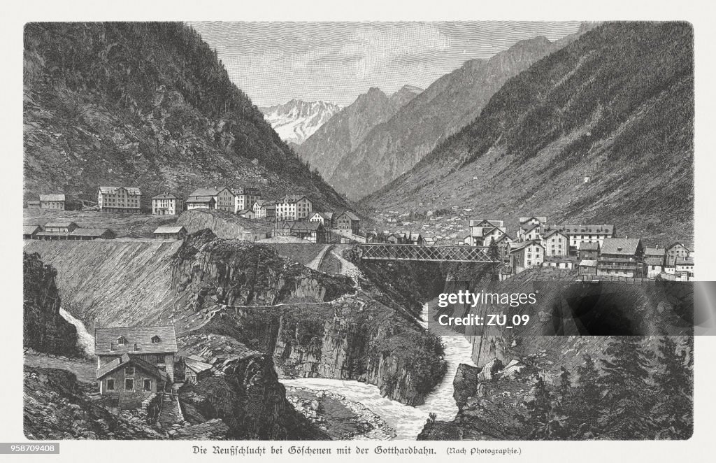 Reusstal in Göschenen und Gotthard Bahn, Holzschnitt, veröffentlicht 1897