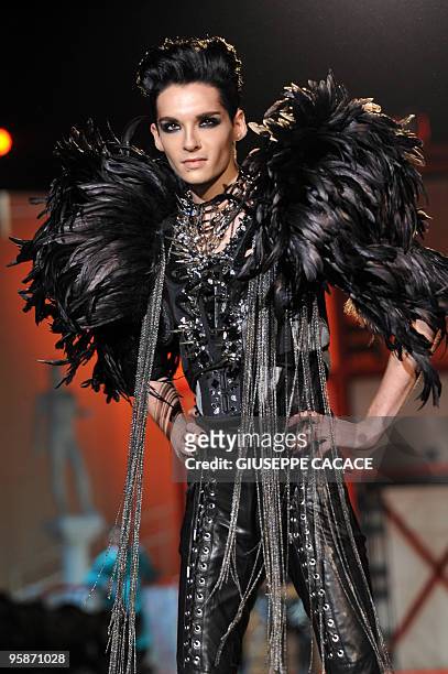 Member of German music band Tokio Hotel, Bill Kaulitz, displays a creation as part of Dsquared2 Fall-Winter 2010-2011 Menswear collection on January...