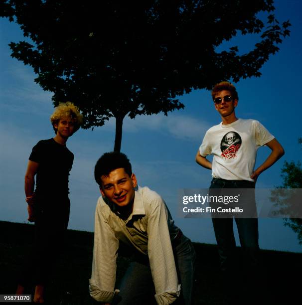 Posed group portrait of British band Depeche Mode. Left to right are Martin Gore, Dave Gahan and Andrew Fletcher in Basildon, Essex in 1980.