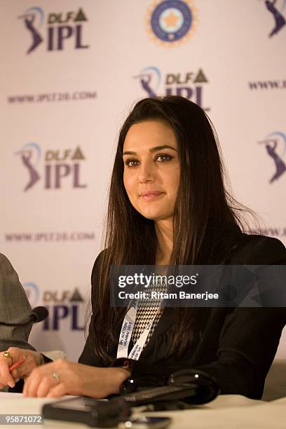 Co-owner of Kings XI Punjab Preity Zinta attends a press conference during the Indian Premier League Auction 2010 on January 19, 2010 in Mumbai,...