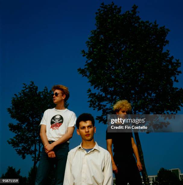 Posed group portrait of British band Depeche Mode. Left to right are Andrew Fletcher, Dave Gahan and Martin Gore in Basildon, Essex in 1980.