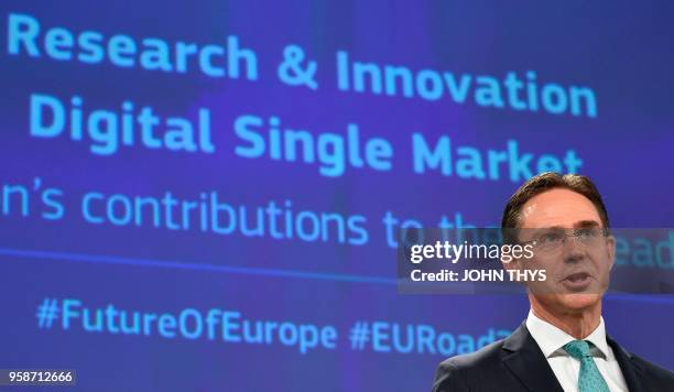 Commission Vice-President Jyrki Katainen speaks during a joint press conference with European Commissioner of Research and Innovation Carlos Moedas...