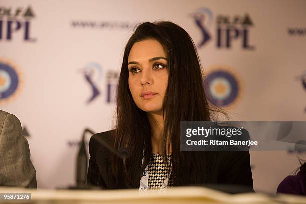 Co-owner of Kings XI Punjab Preity Zinta attends a press conference during the Indian Premier League Auction 2010 on January 19, 2010 in Mumbai,...