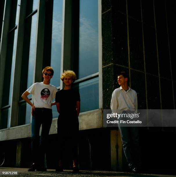 Posed group portrait of British band Depeche Mode. Left to right are Andrew Fletcher, Martin Gore and Dave Gahan in Basildon, Essex in 1980.