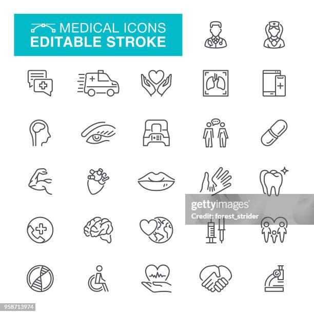 medizinische editierbare schlaganfall icons - grippevirus stock-grafiken, -clipart, -cartoons und -symbole