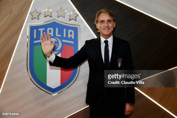 Head coach Italy Roberto Mancini poses for a photo prior to the press conference at Centro Tecnico Federale di Coverciano on May 15, 2018 in...