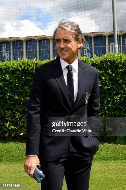 Head coach Italy Roberto Mancini looks on prior to the press conference at Centro Tecnico Federale di Coverciano on May 15, 2018 in Florence, Italy.