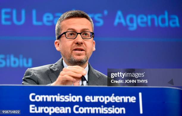 European Commissioner of Research and Innovation Carlos Moedas speaks during a joint press conference with EU Commission Vice-President Jyrki...