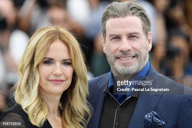 Kelly Preston and John Travolta attend the photocall for "Rendezvous With John Travolta - Gotti" during the 71st annual Cannes Film Festival at...