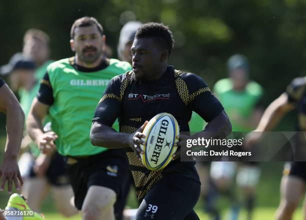 Christian Wade runs with the ball during the Wasps training session held at their training ground on May 15, 2018 in Coventry, England.