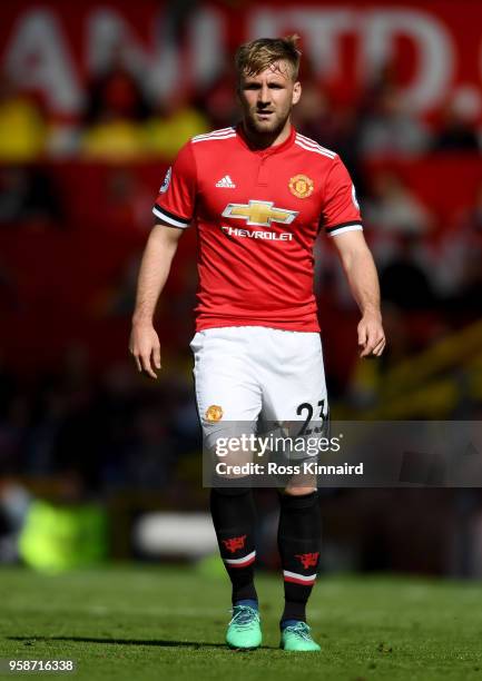 Luke Shaw of Manchester United in action during the Premier League match between Manchester United and Watford at Old Trafford on May 13, 2018 in...