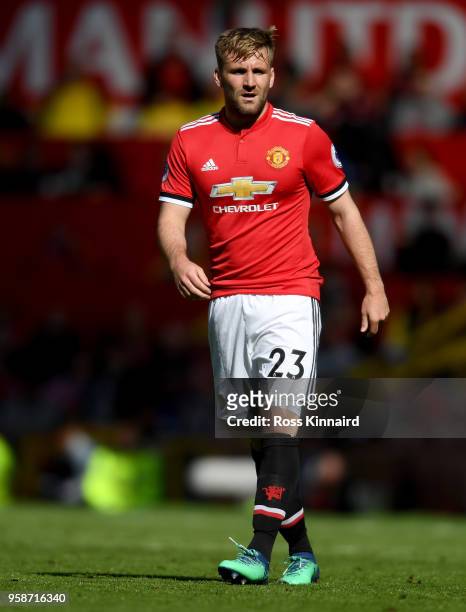 Luke Shaw of Manchester United in action during the Premier League match between Manchester United and Watford at Old Trafford on May 13, 2018 in...