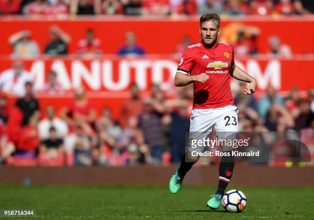 Luke Shaw of Manchester United in action during the Premier League match between Manchester United and Watford at Old Trafford on May 13, 2018 in...