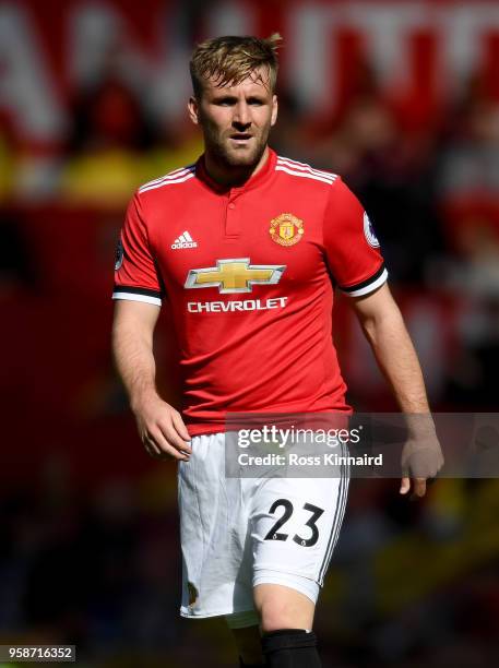 Luke Shaw of Manchester United in action during the Premier League match between Manchester United and Watford at Old Trafford on May 13, 2018 in...