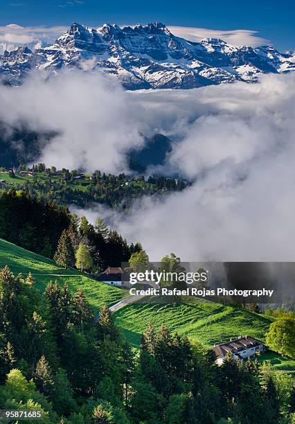 dents du midi peaks and swiss barns, swiss alps - dents du midi stockfoto's en -beelden