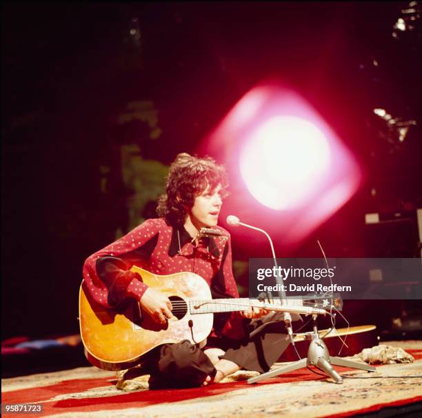 Scottish singer and musician Donovan plays an acoustic guitar on a BBC television show in London in August 1972.