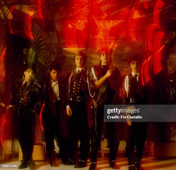 Posed group portrait of British band Duran Duran. Left to right are Andy Taylor, Roger Taylor, Simon Le Bon, John Taylor and Nick Rhodes in 1983.