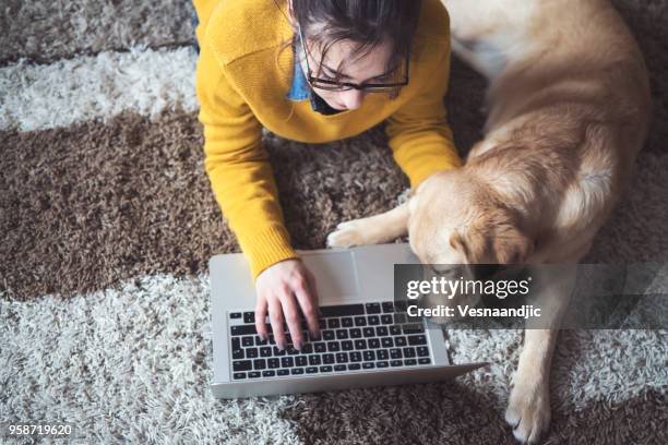 young woman at home chatting with friends - sitting at a laptop with facebook stock pictures, royalty-free photos & images