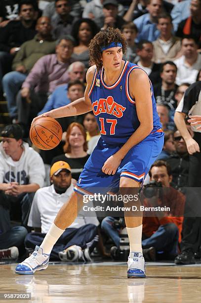 Anderson Varejao of the Cleveland Cavaliers moves the ball to the basket during the game against the Golden State Warriors on January 11, 2010 at...