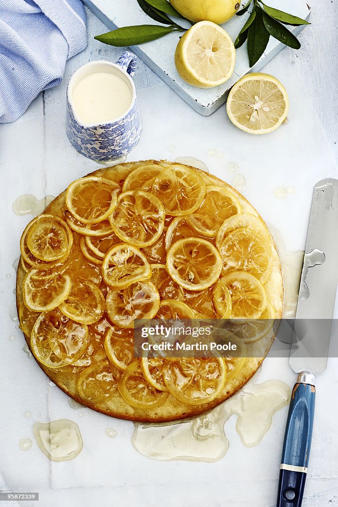 Lemon citrus cake overhead with cream
