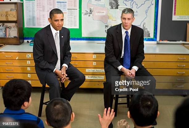 President Barack Obama and Secretary of Education Arne Duncan visits with sixth grade students at the Graham Road Elementary School January 19, 2010...