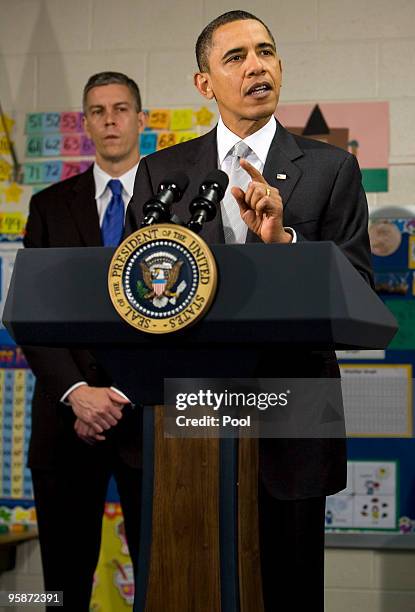 President Barack Obama delivers remarks on the "Race To The Top" program at the Graham Road Elementary School January 19, 2010 in Falls Church,...