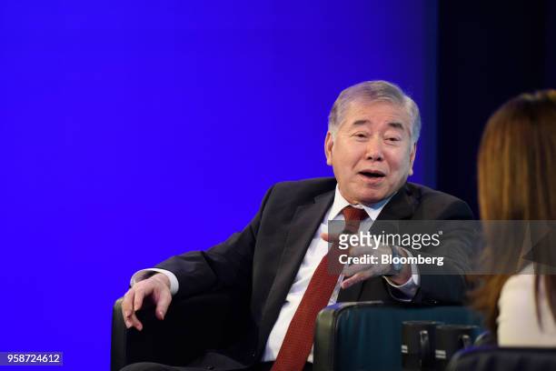 Moon Chung-In, a special adviser to South Korean President Moon Jae-in, gestures while speaking during the Wall Street Journal CEO Council in Tokyo,...