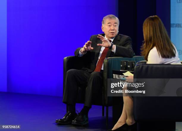 Moon Chung-In, a special adviser to South Korean President Moon Jae-in, gestures while speaking during the Wall Street Journal CEO Council in Tokyo,...