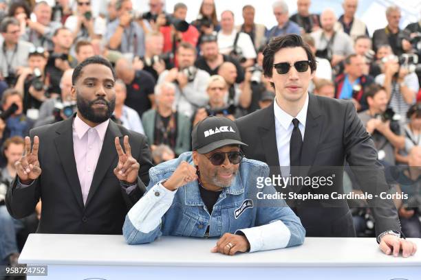 John David Washington, director Spike Lee and Adam Driver attend "BlacKkKlansman" Photocall during the 71st annual Cannes Film Festival at Palais des...