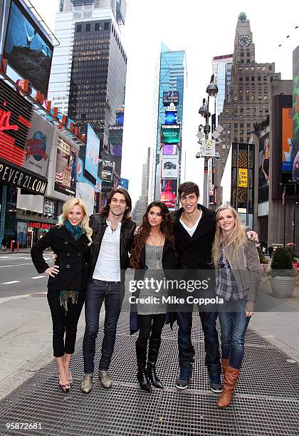 Amanda Phillips, Justin Gaston, Giglianne Braga, Benjamin Elliot, and Kara Killmer attend "If I Can Dream" cast photo op in Times Square on January...