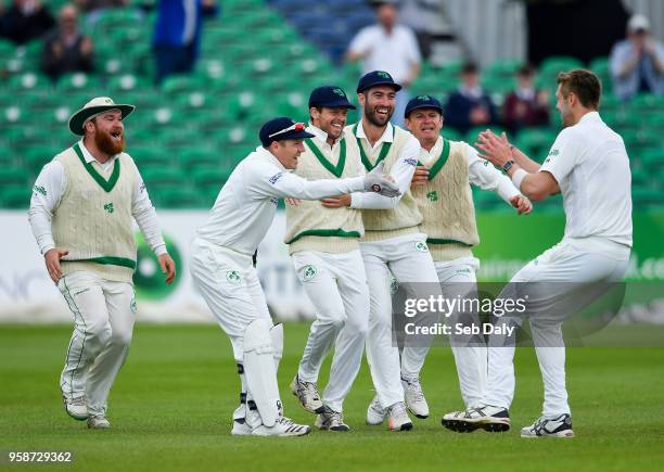 Dublin , Ireland - 15 May 2018; Ed Joyce of Ireland, third left, celebrates with team-mates after catching out Haris Sohail of Pakistan, off of a...