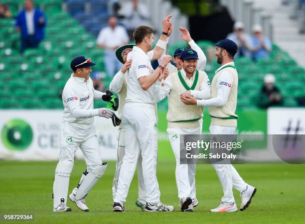 Dublin , Ireland - 15 May 2018; Ed Joyce of Ireland, second right, celebrates with team-mates after catching out Haris Sohail of Pakistan, off of a...