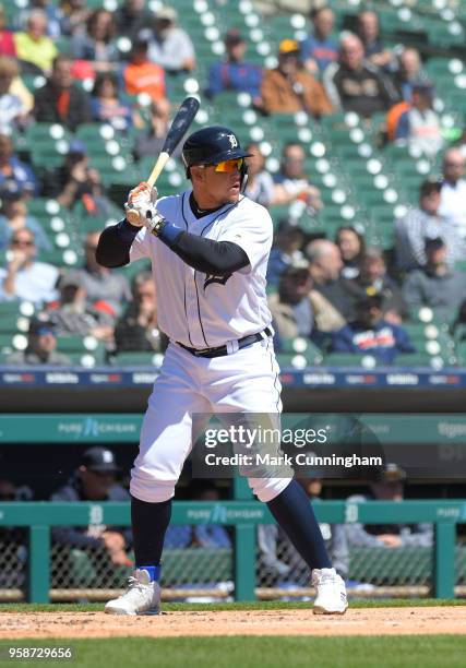 Miguel Cabrera of the Detroit Tigers bats during game one of a doubleheader against the Kansas City Royals at Comerica Park on April 20, 2018 in...